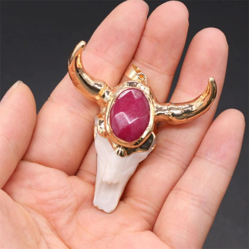 Fine Beef Bone Pendant Bull Head Shape Crystal Bud Making for Women Jewelry DIY Necklace Accessories Healing Gift